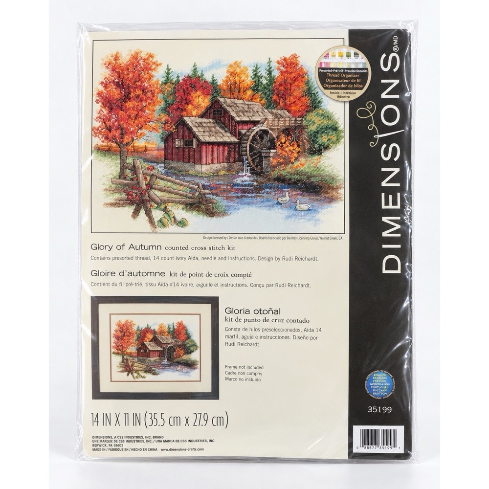 Dimensions 35199 Glory of Autumn Cross Stitch Kit Rudi Reichardt Water Mill Fall